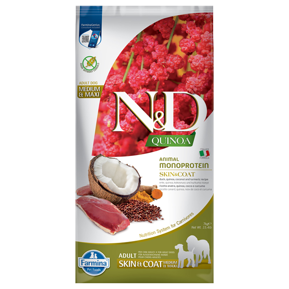 Farmina N&D Quinoa Skin & Coat Medium/Maxi Anatra, Cocco e Curcuma - 7 kg