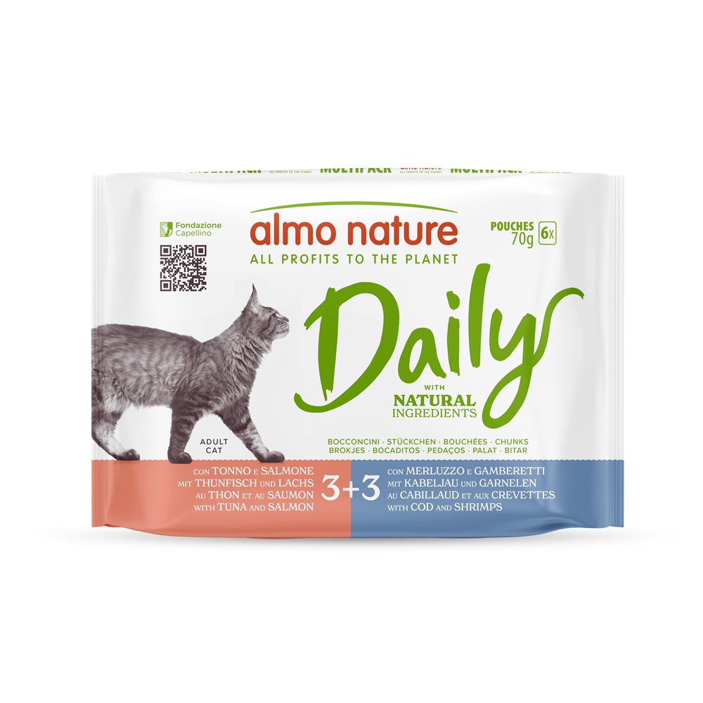 Almo Nature Daily 6 x 70 g umido per gatto - Mix 2: Tonno e Salmone, Merluzzo e Gamberetti