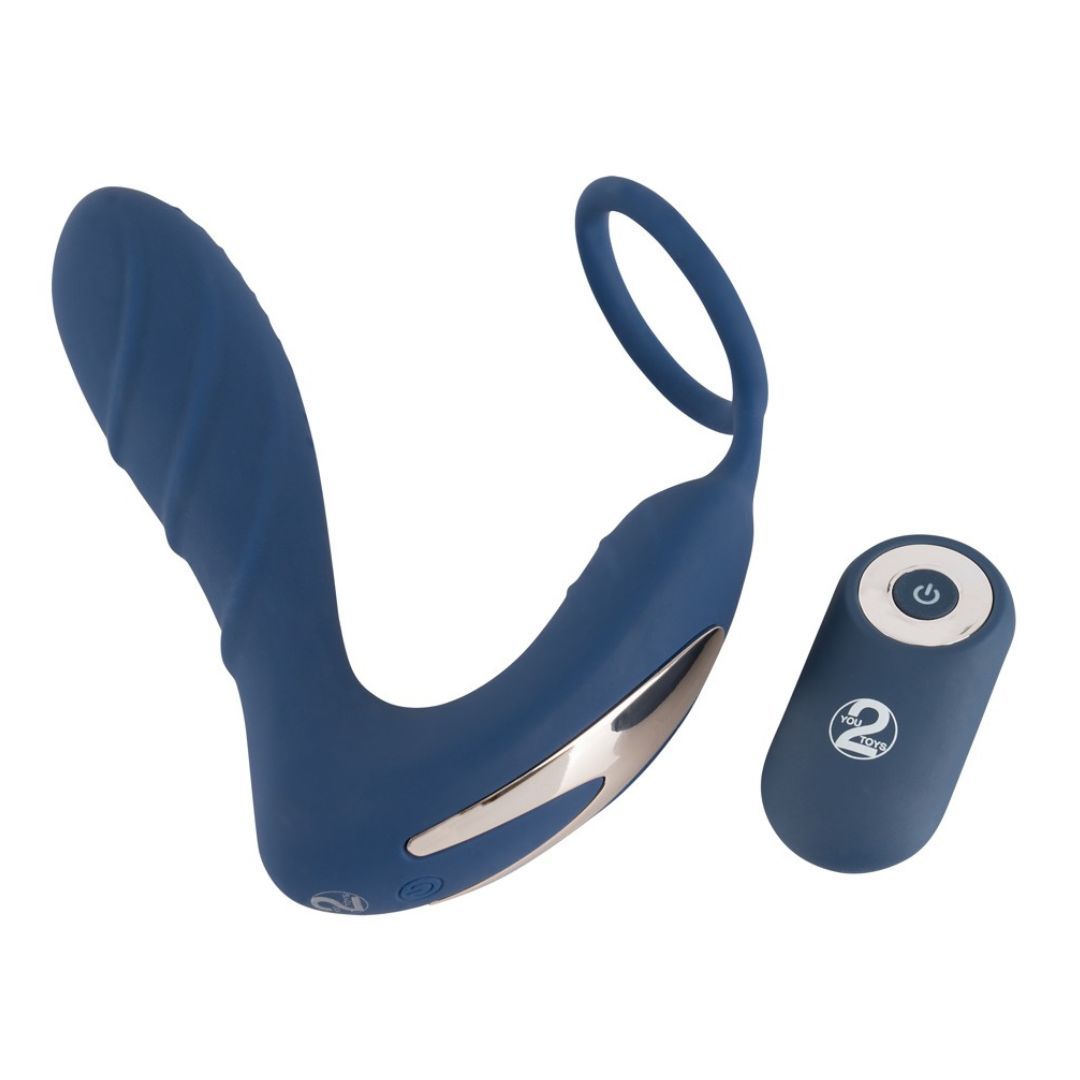 Plug anale con anello fallico e stimolatore del perineo, telecomando |