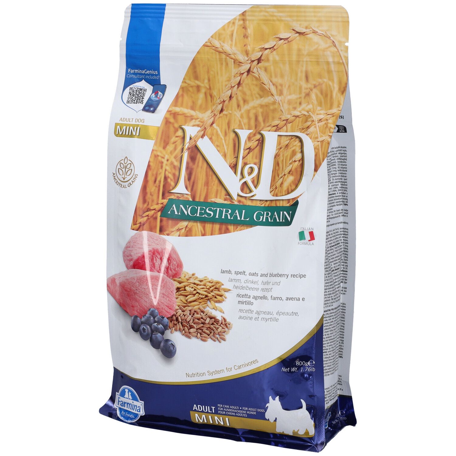 Farmina® N&D Ancestral Grain Lamb & Blueberry Adult Mini 800 g Pellets