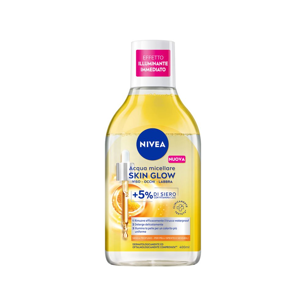 Nivea Acqua Micellare Skin Glow 400 ml, Struccante viso e occhi con 5%