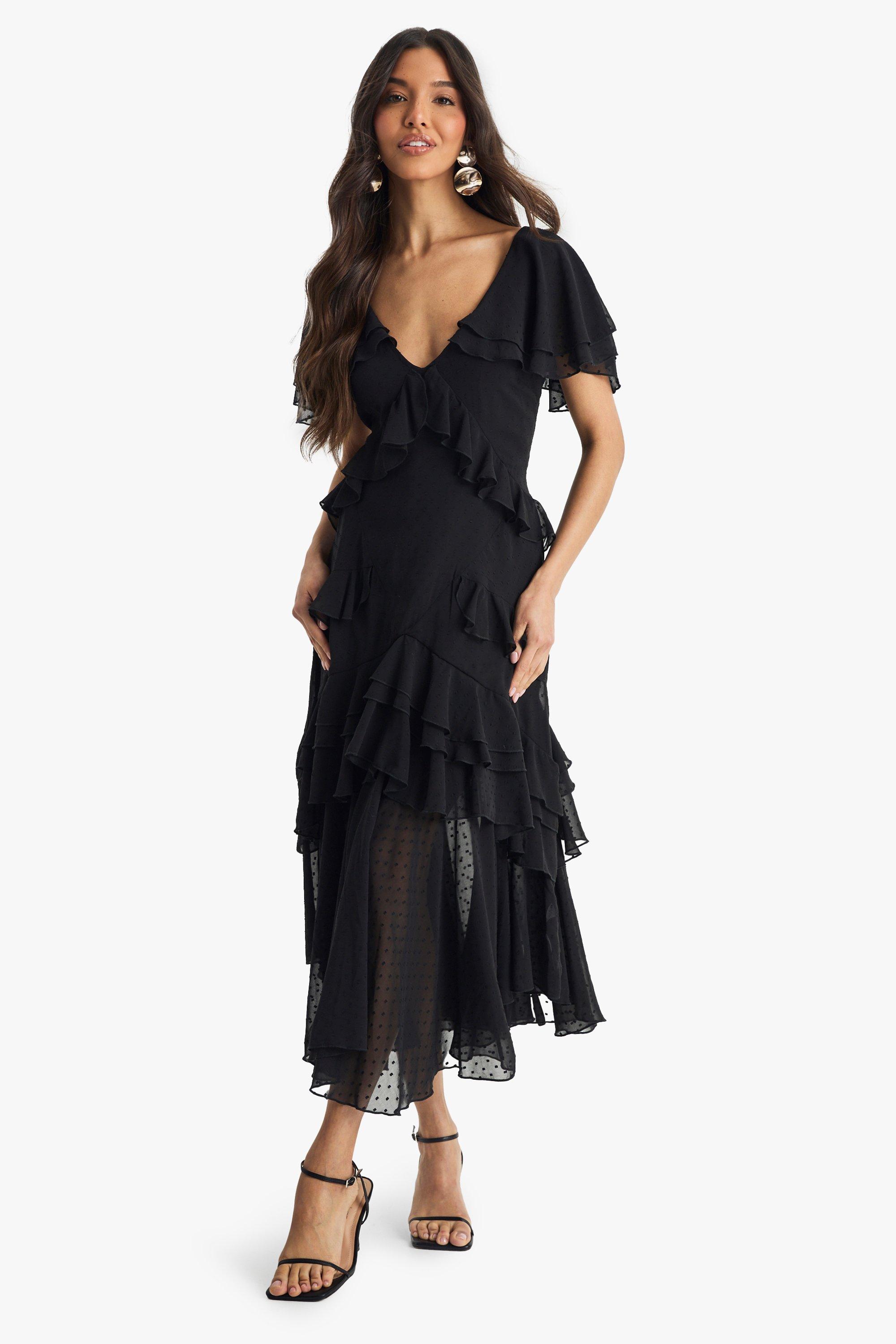Dobby Frill Detail Maxi Dress, Nero