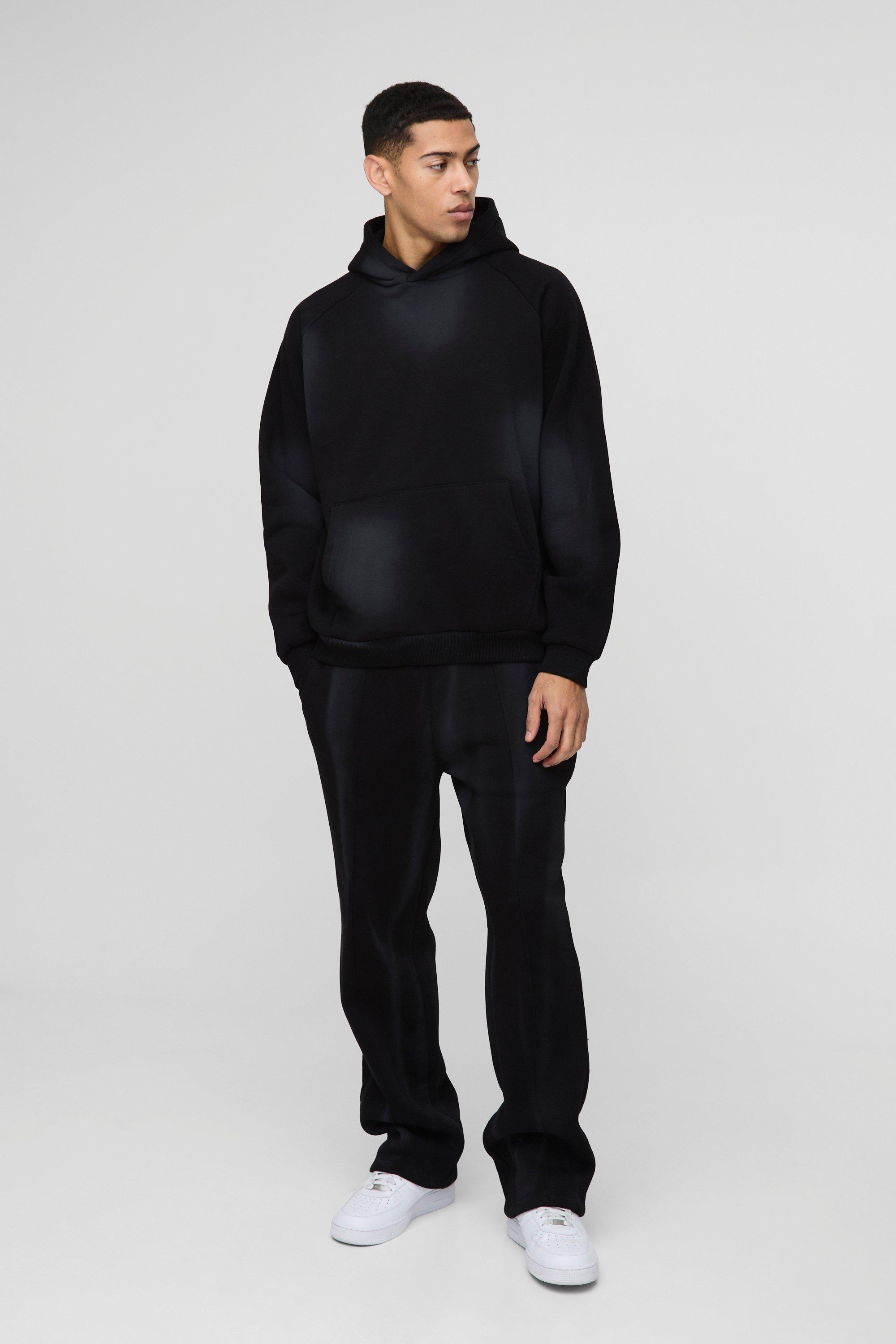 Oversized Raglan Spray Wash Hooded Tracksuit, Nero
