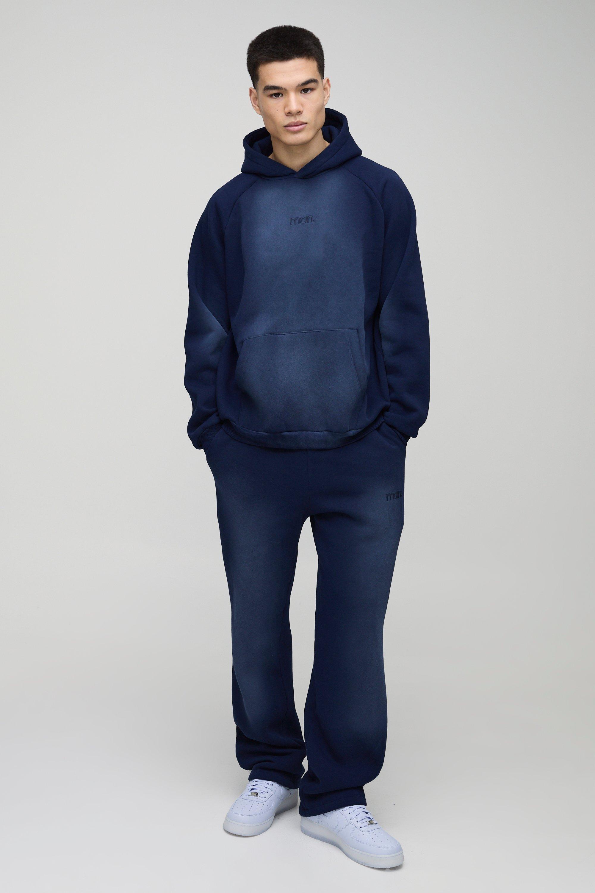 Oversized Man Spray Wash Hooded Tracksuit, Azzurro