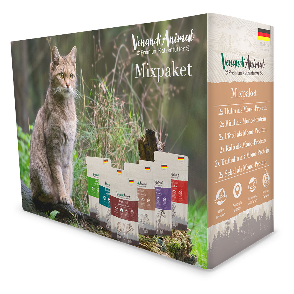 Venandi Animal Monoprotein 12 x 125 g Pacco misto umido gatto - Mix: Pollo, vitello, cavallo, manzo, tacchino, pecora