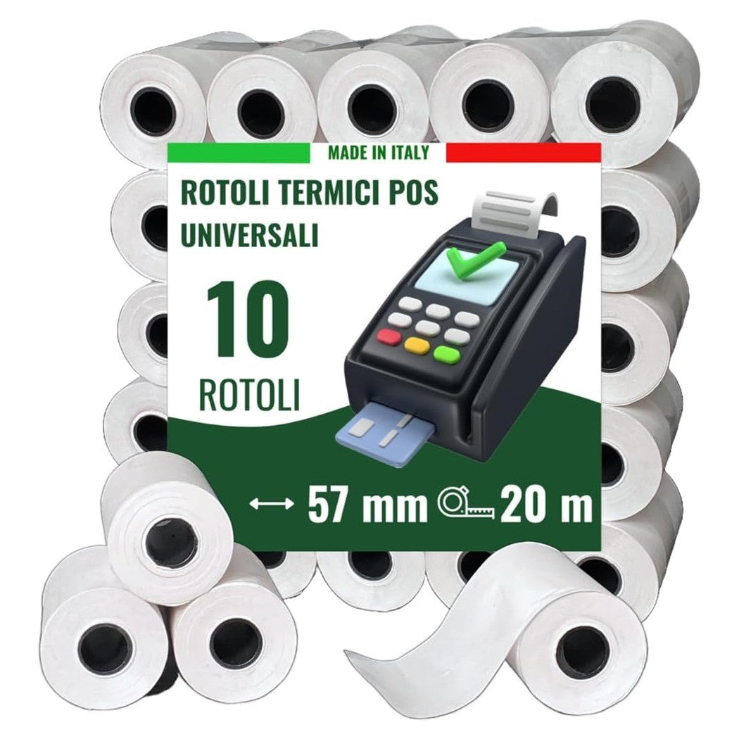 Trade shop - kit 10 rotoli pos in carta termica 57mmx20mt universali compatibili con dispositivi pos -