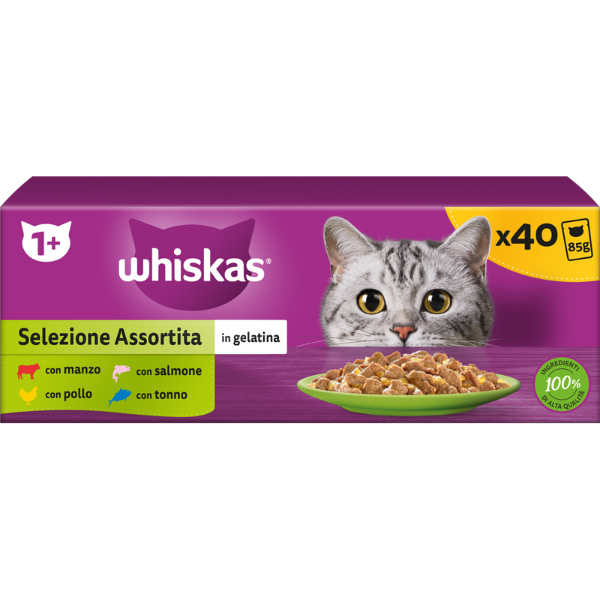 Whiskas selezione assortita multipack 40 pezzi da 85 gr - multigusto - spedizione gratis 1° ordine + scegli lo sconto bzr5 / bzr20