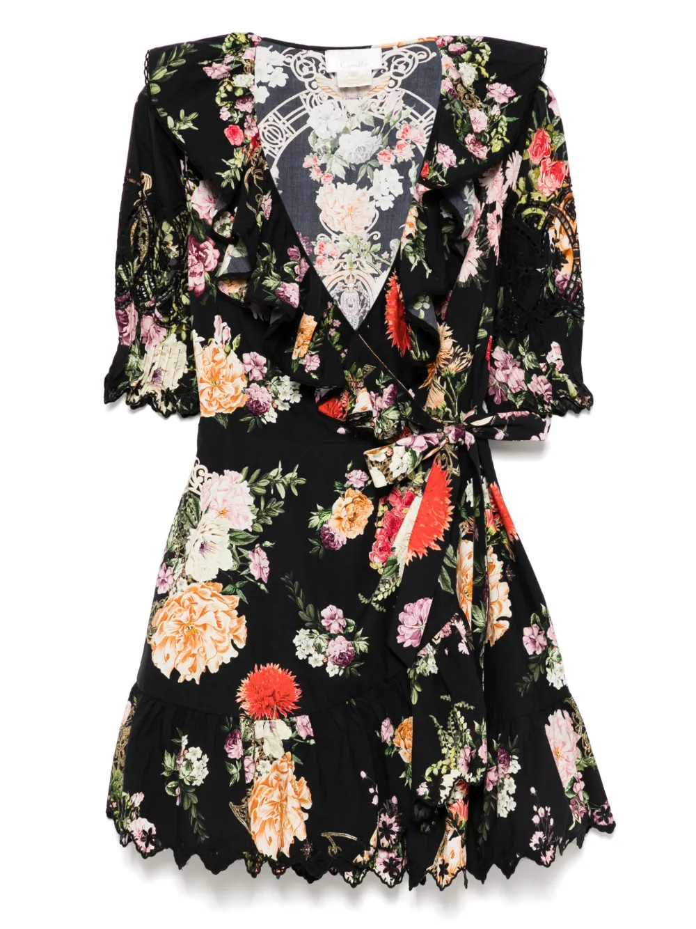 Camilla Adorned In Alexandria Puff Sleeve Mini Wrap Dress - Nero