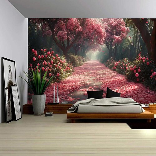 Tappeto appeso in paesaggio della foresta fiorita rosso Arte murale Mural grande decorazione con foto di sfondo Tende tappeto decorazione per soggiorn