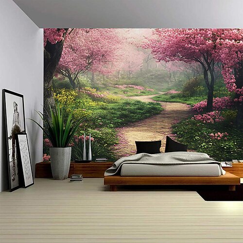Tappeto appeso in paesaggio della foresta fiorita rosso Arte murale Mural grande decorazione con foto di sfondo Tende tappeto decorazione per soggiorn