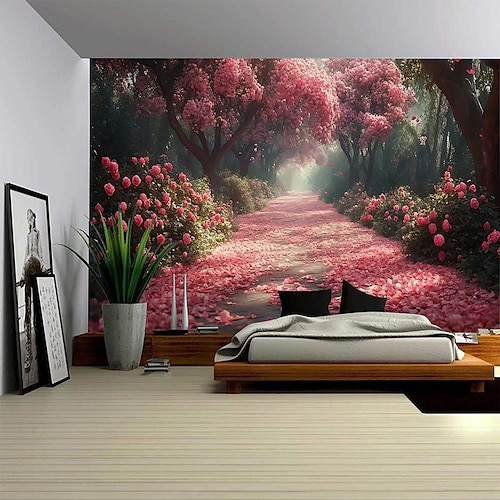 Tappeto appeso in paesaggio della foresta fiorita rosso Arte murale Mural grande decorazione con foto di sfondo Tende tappeto decorazione per soggiorn