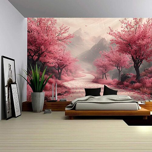 Tappeto appeso in paesaggio della foresta fiorita rosso Arte murale Mural grande decorazione con foto di sfondo Tende tappeto decorazione per soggiorn