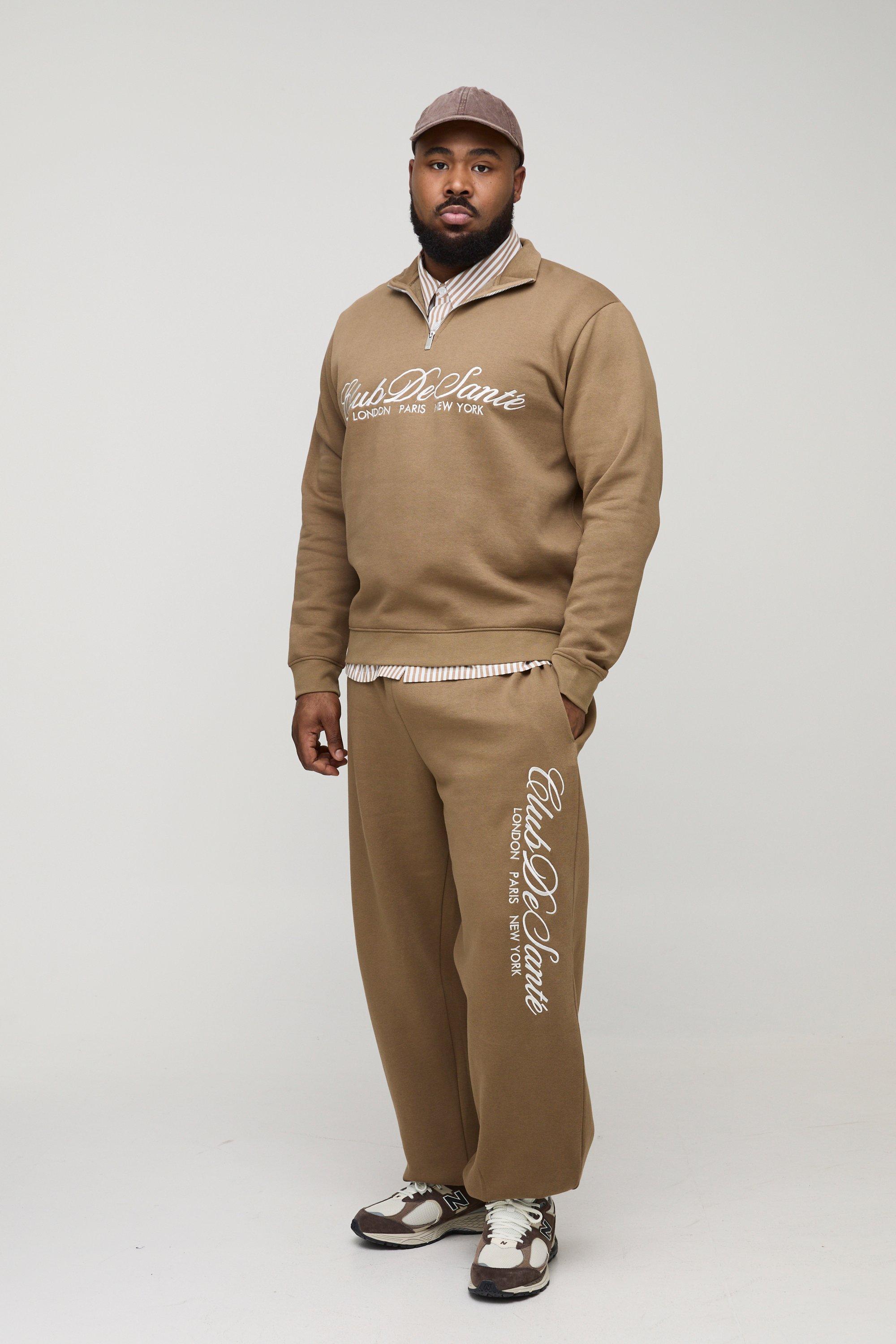 Plus Embroidered 1/4 Zip Tracksuit, Brown
