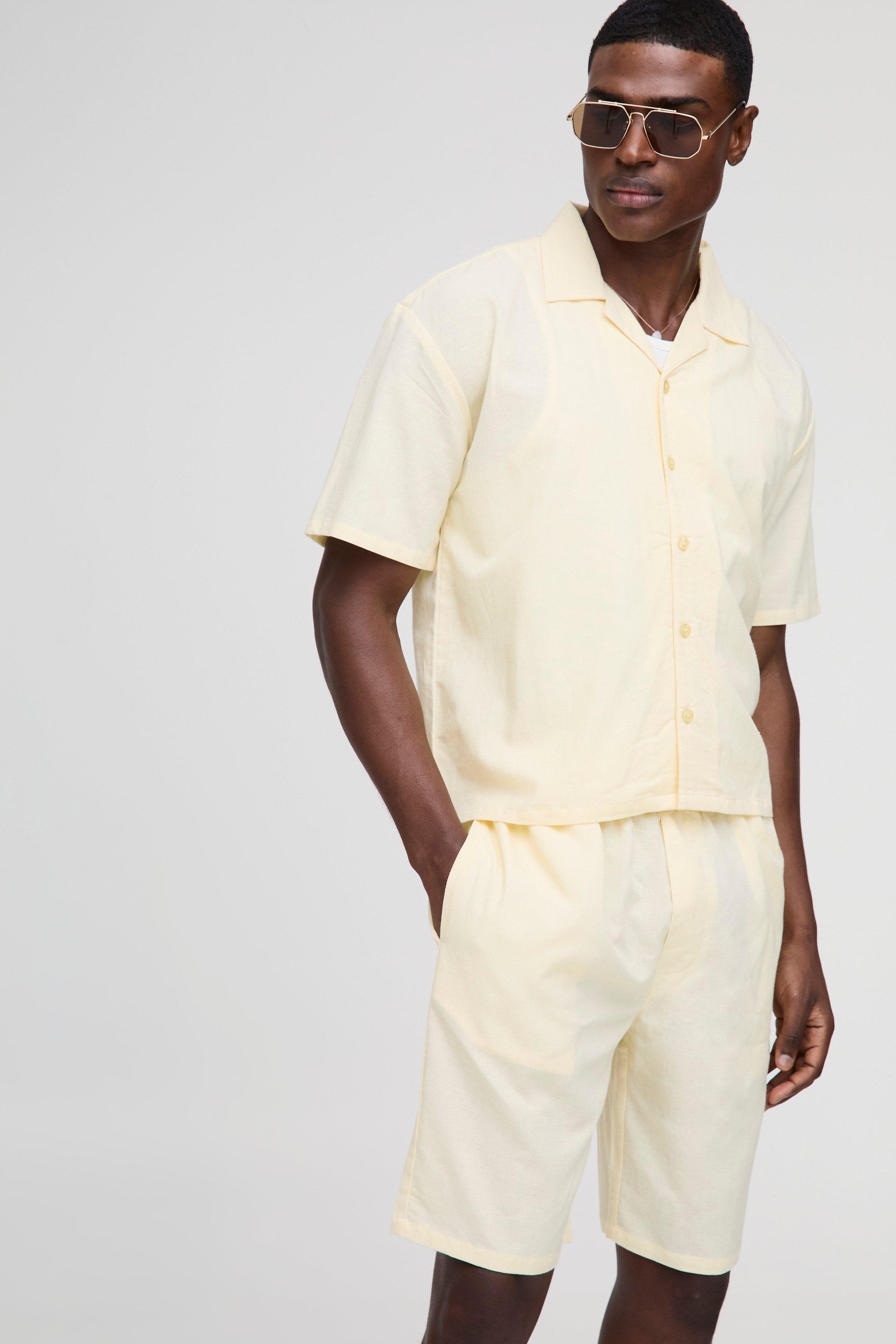 Oversized Boxy Revere Linen Shirt & Short Set, Giallo