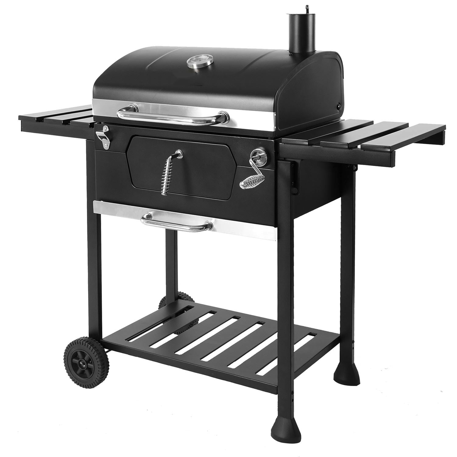 Barbecue a carbonella con rotelle, apribottiglie e termostato integrato