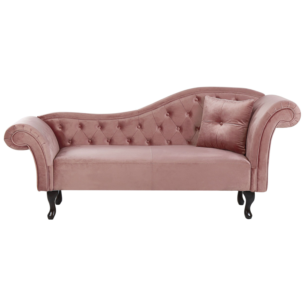 Chaise longue in velluto rosa scuro con bottoni e tappezzeria trapuntata versione destra con cuscino