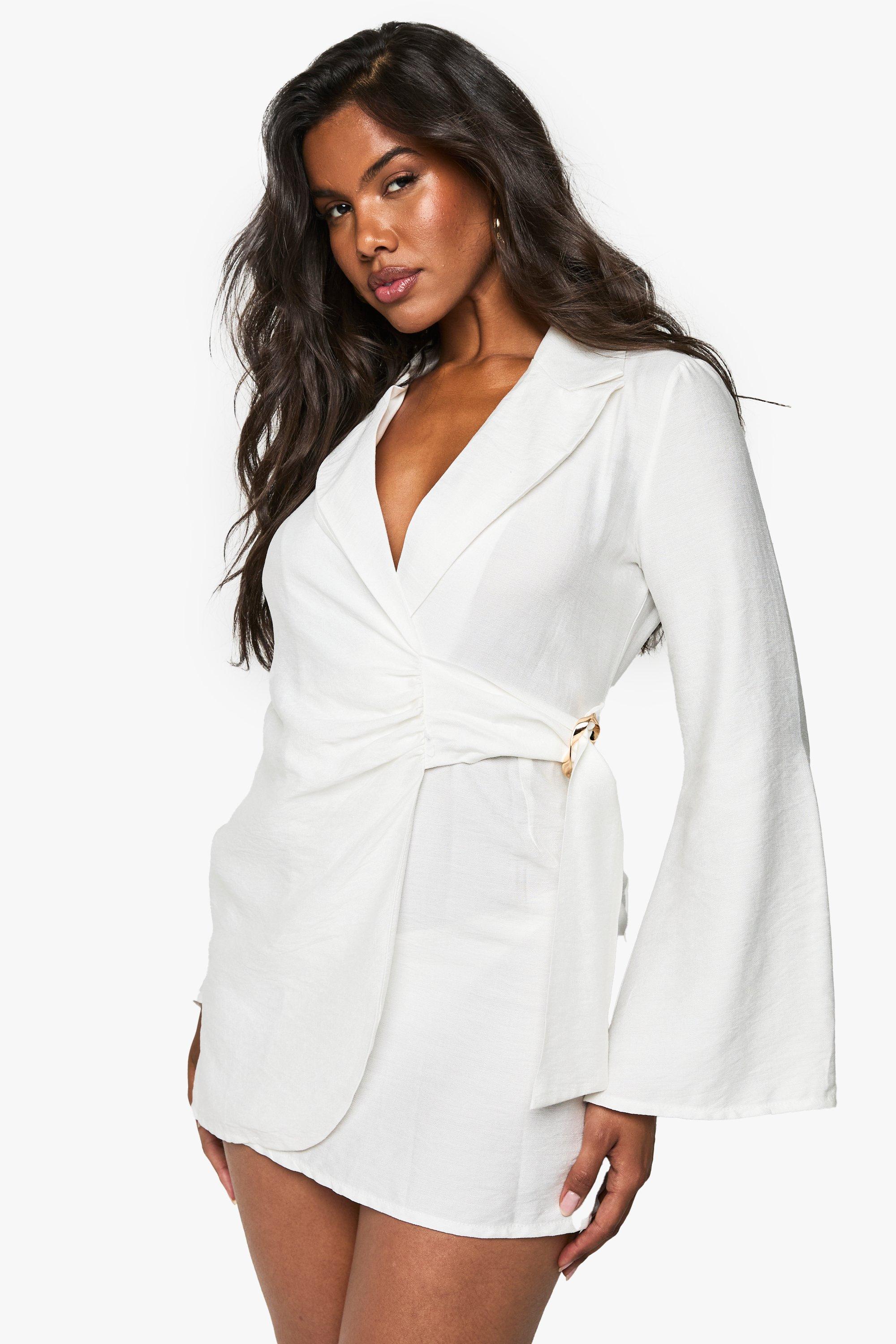 Linen Look Buckle Detail Tie Waist Tailored Blazer Dress, Cream