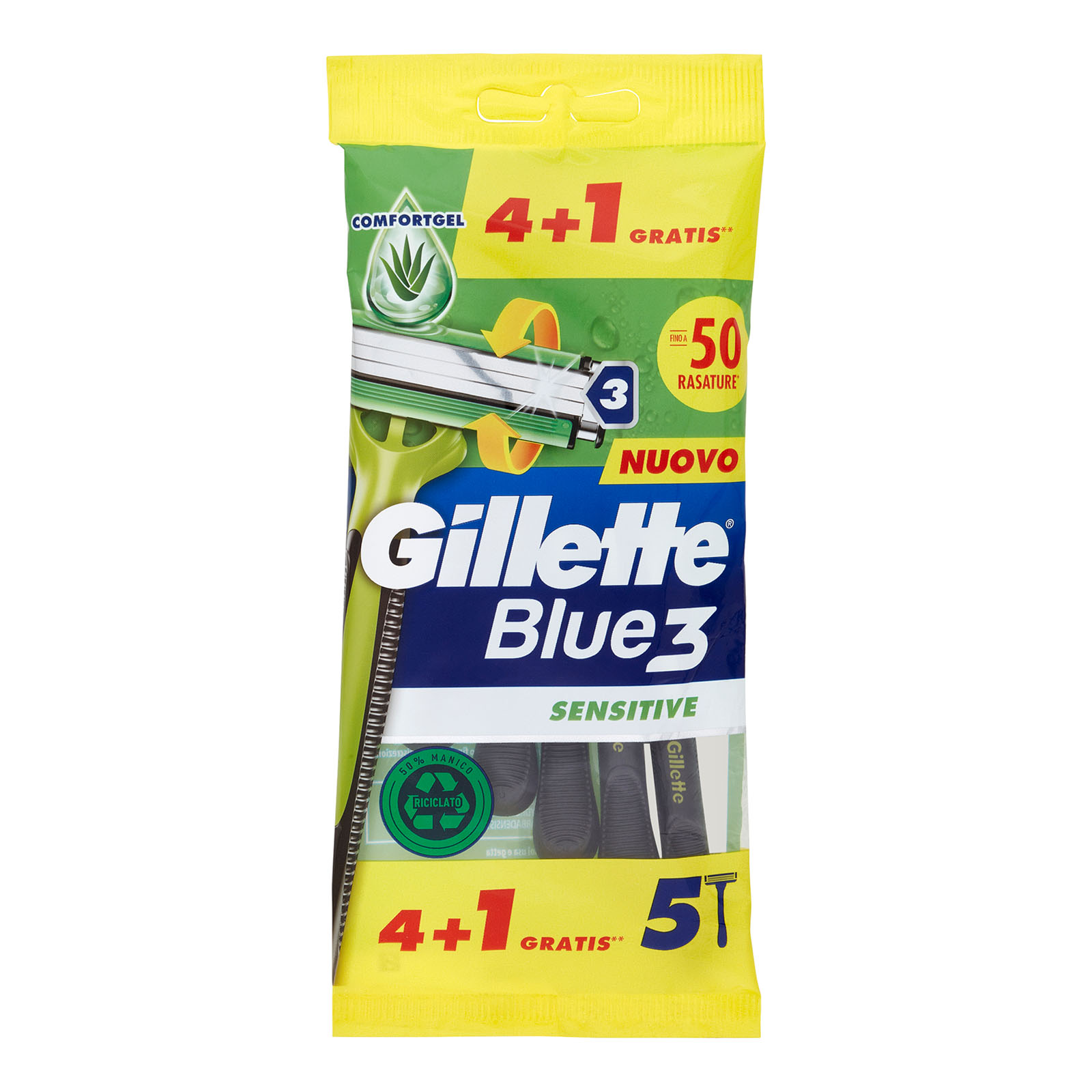 Rasoio Uomo Blue3 Sensitive Usa E Getta A 3 Lame, Confezione Da 4 Rasoi+1 Gratis