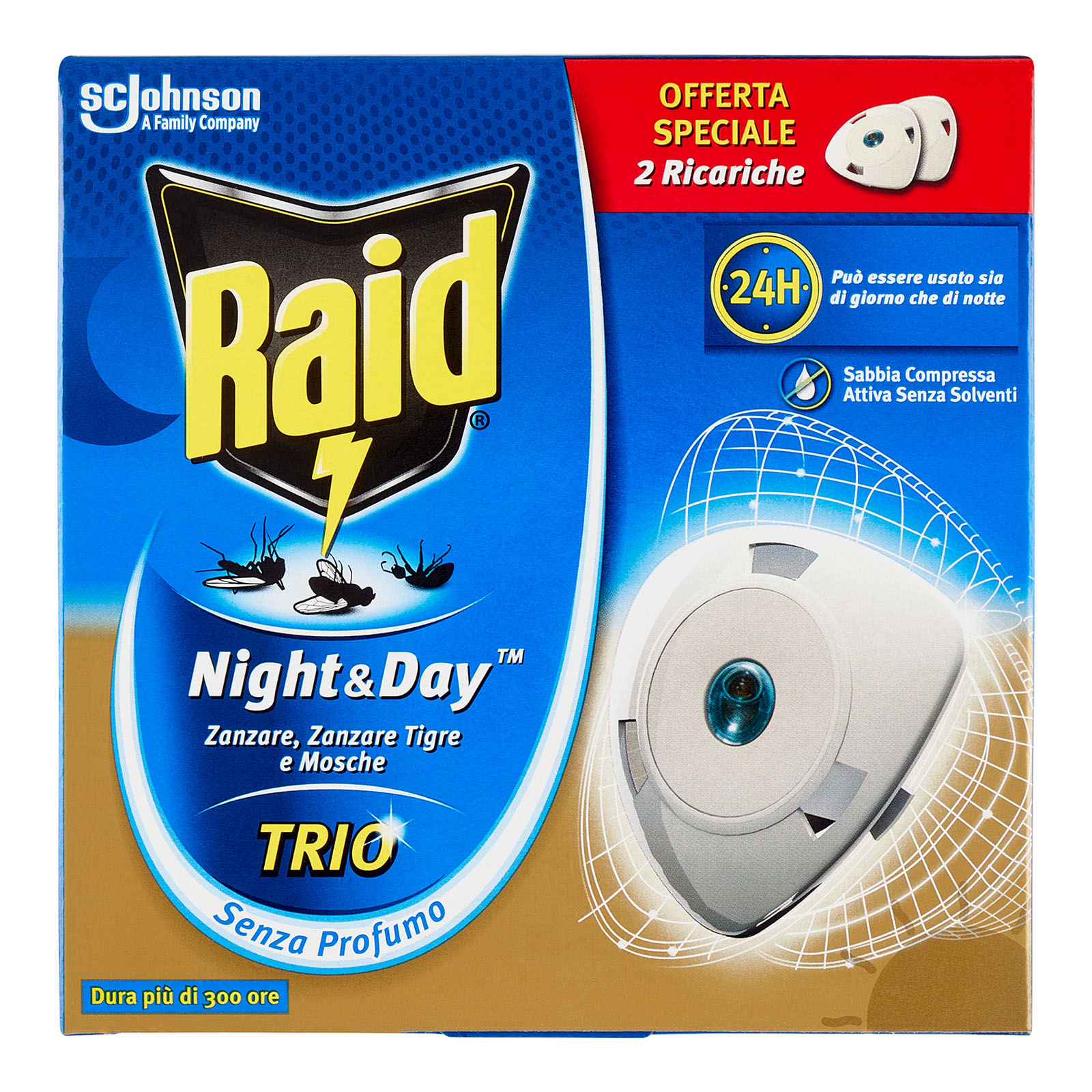 Night & Day Trio, Repellente Antizanzare Con Sabbia Compressa 2 Ricariche