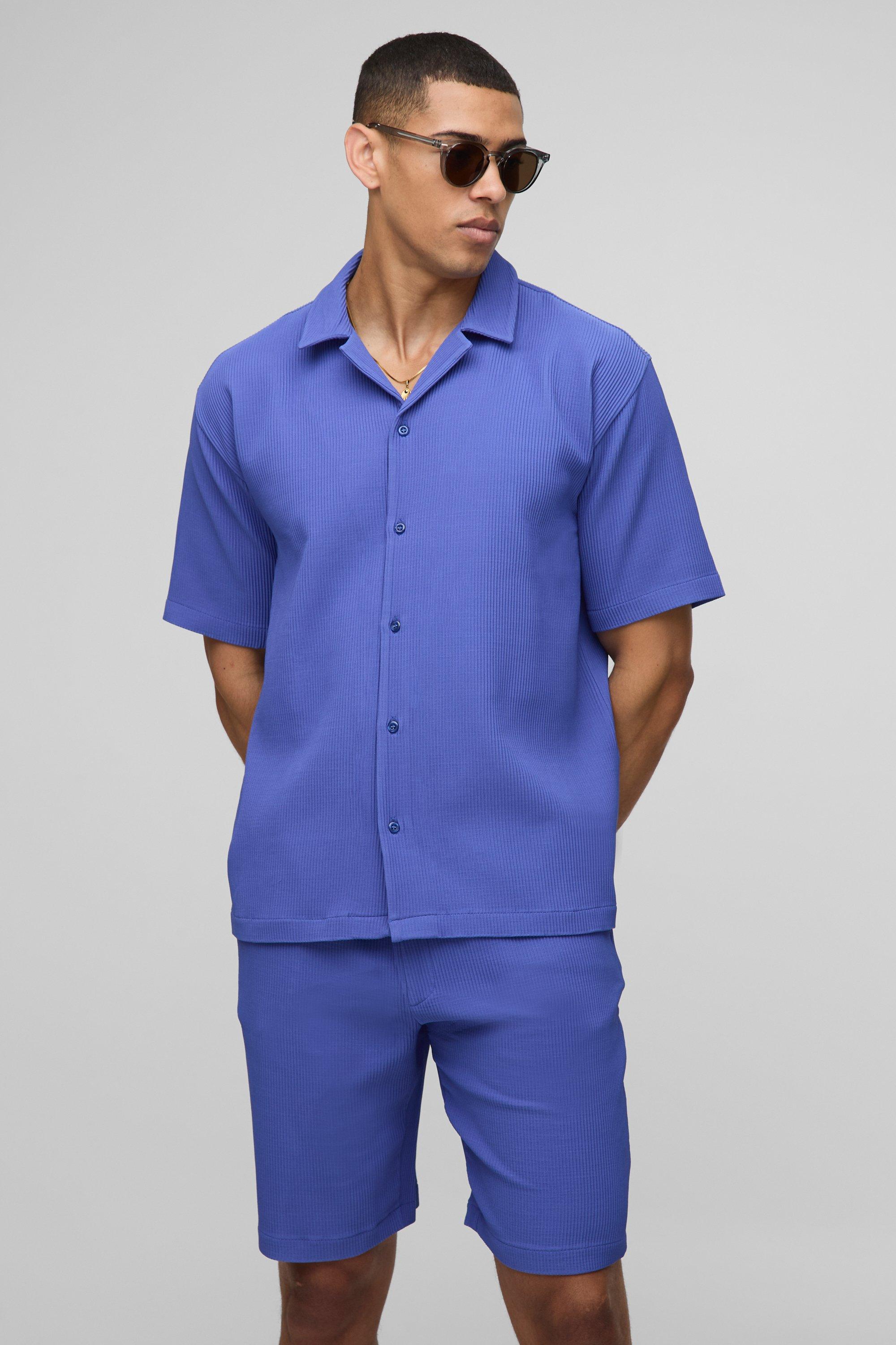 Oversized Revere Pleated Shirt & Short Set, Azzurro
