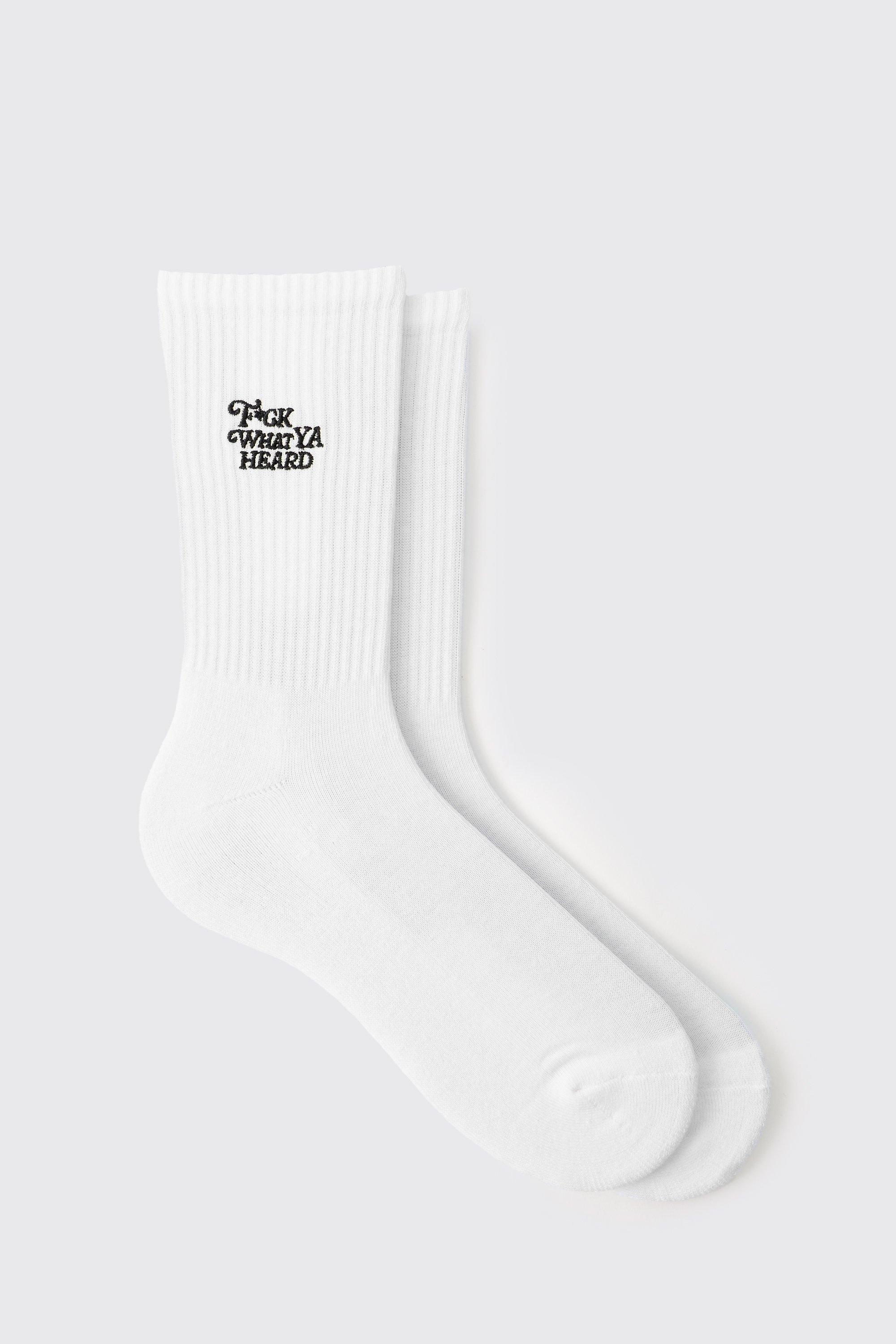 Slogan Embroidered Sport Sock, Bianco