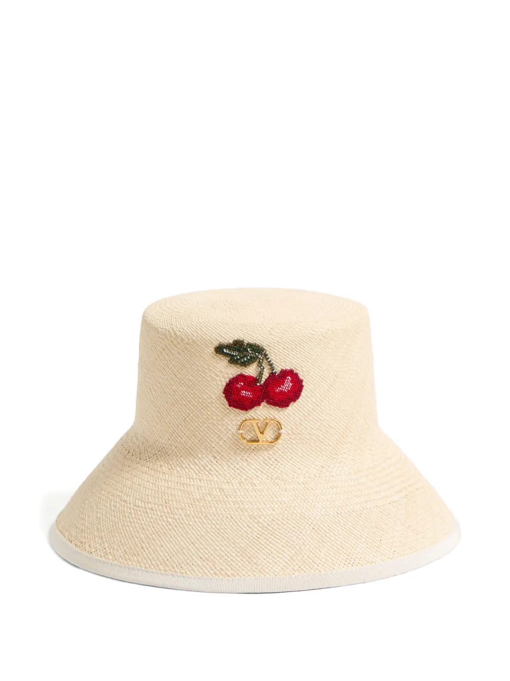 Valentino Garavani VLOGO SIGNATURE STRAW BUCKET HAT WITH LEATHER TRIM AND CHERRY EMBROIDERY - Multicolore