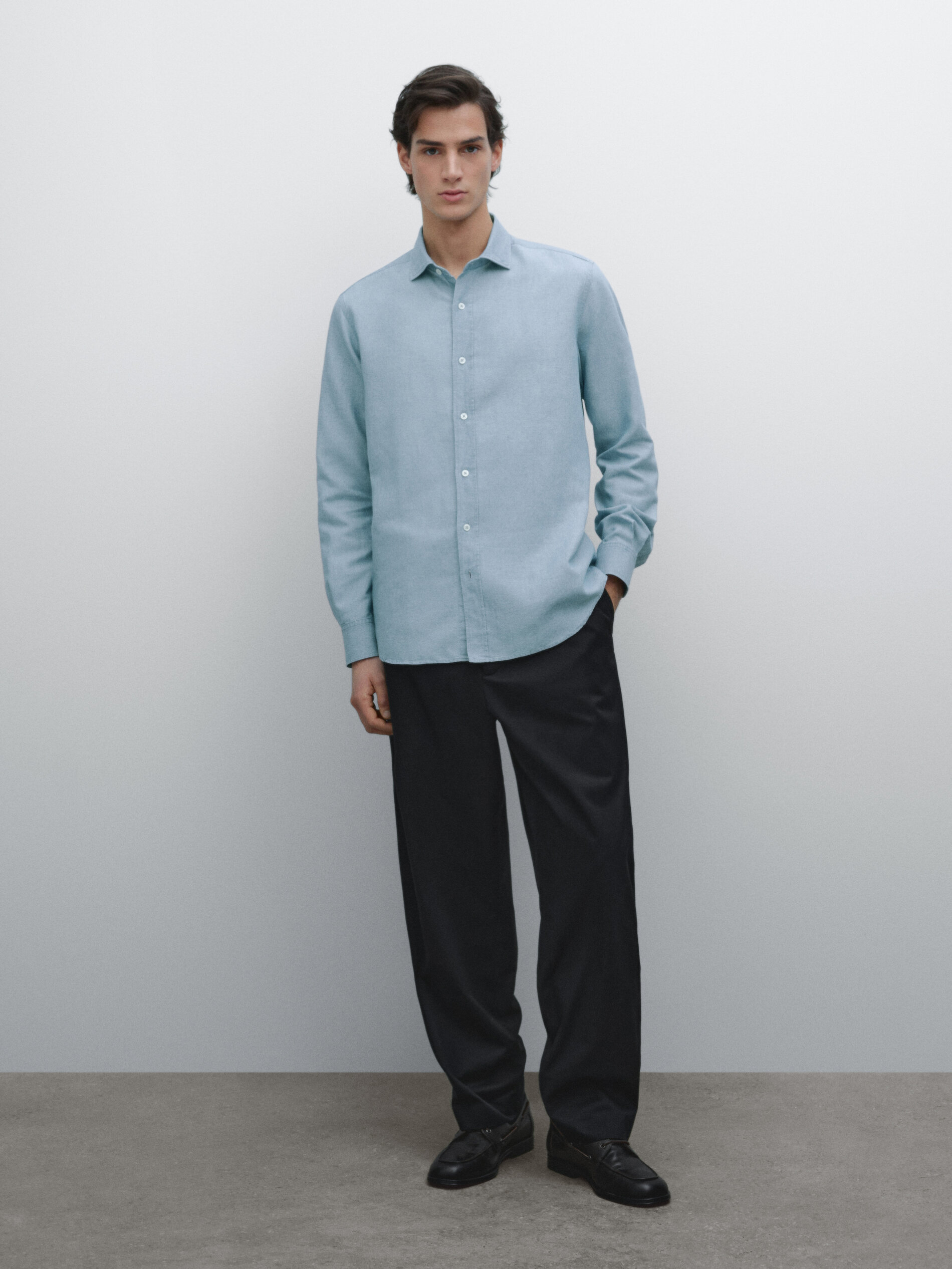 Camicia Slim Fit In Denim Misto Cotone - Blu Celeste - Xl - Massimo Dutti - Maschile