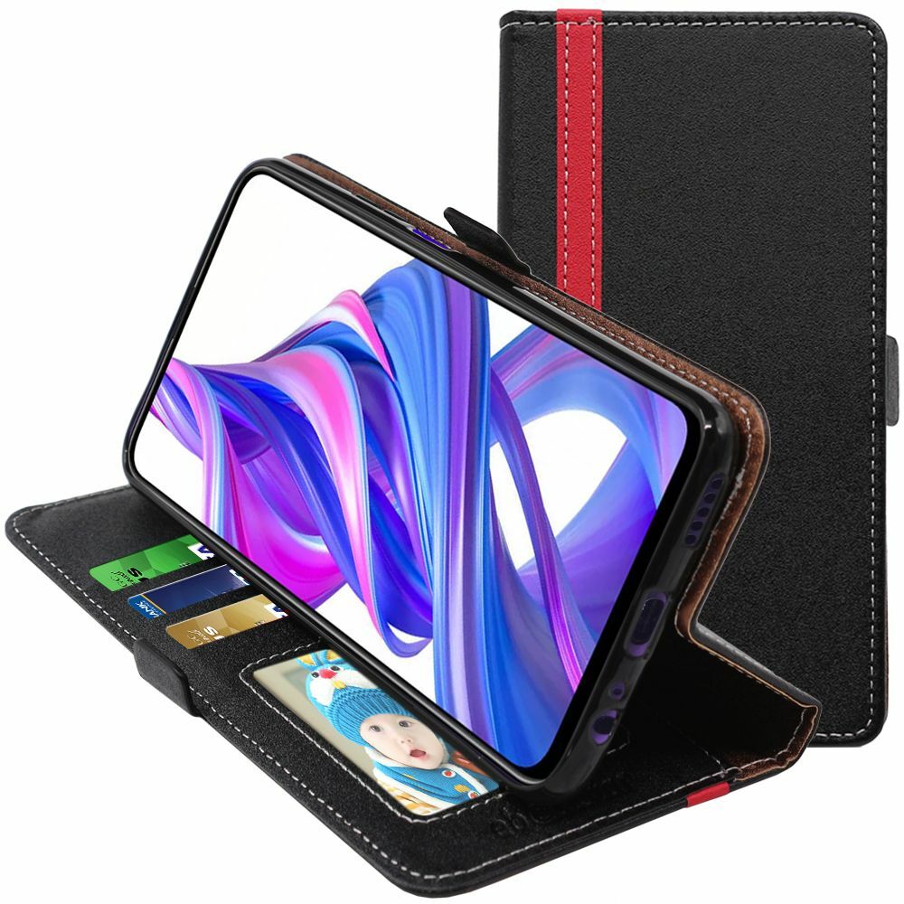 Cover Honor 9X 9X Pro Custodia Portafoglio Pelle PU Libro Flip, Nero / Rosso
