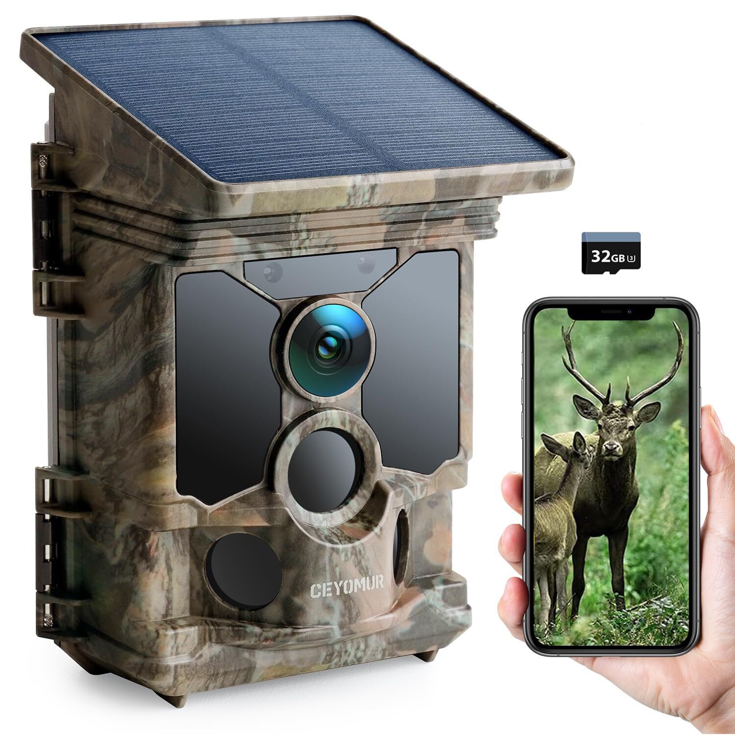 CEYOMUR Fototrappola Solare 4K 30Fps, Fototrappola 46MP Wifi Bluetooth, Angolo d