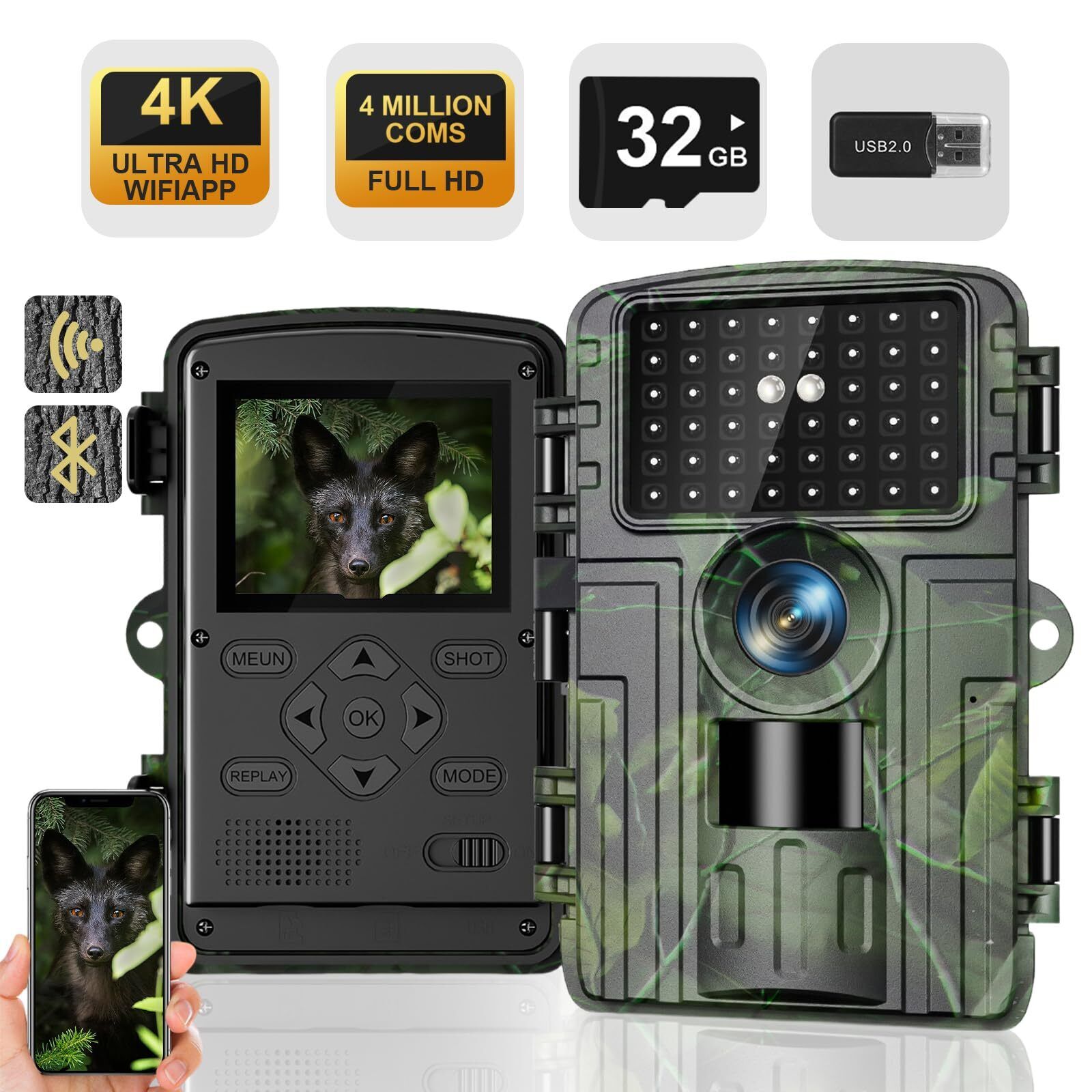 Fototrappola WiFi 4K 60MP con App,Fototrappola Notturna con IR Visione 120 Ultra