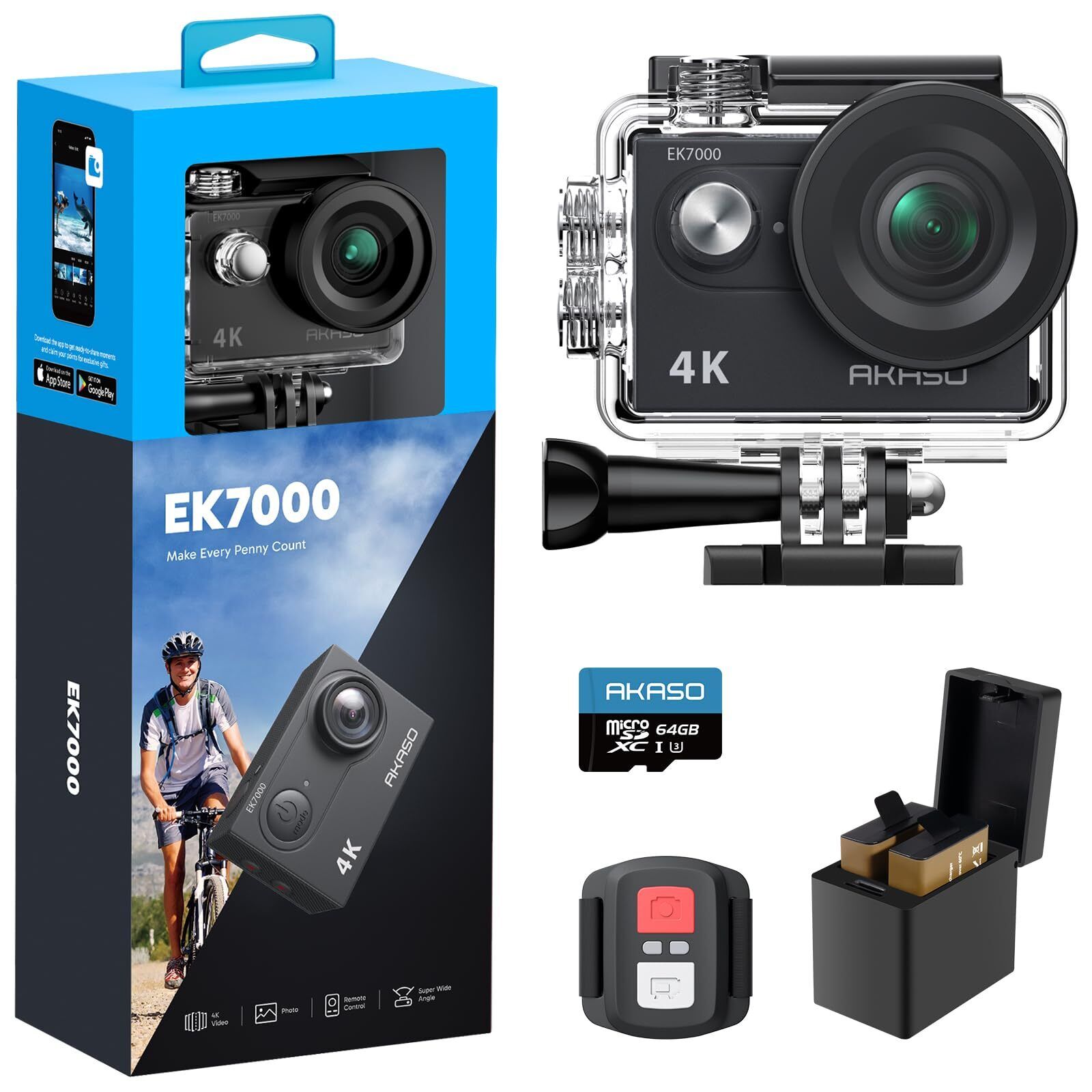 AKASO EK7000 Action Cam 4K 30FPS con Scheda di Memoria MicroSDXC da 64GB, WiFi 2