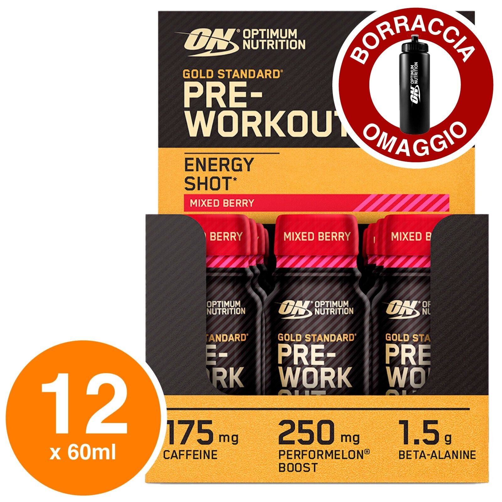 ON Optimum Nutrition Pre-Workout Energy Shot Frutti di Bosco 12x60ml + Borraccia