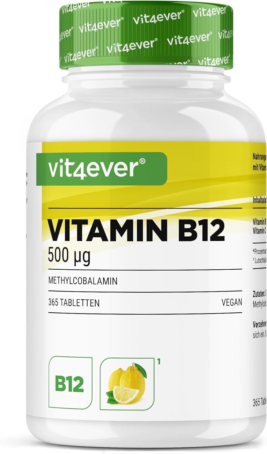 Vitamina B12 Limone - 365 pastiglie 500 mcg  + vitamina C VEGAN Altamente dosato