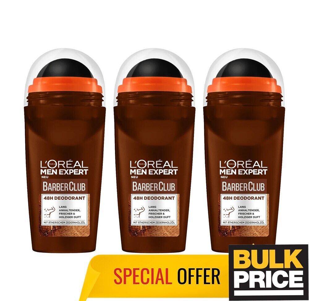 L'Oreal Men Expert Barbiere Club Deodorante Roll-On 50ml 3-pack Bulk Buy Affare