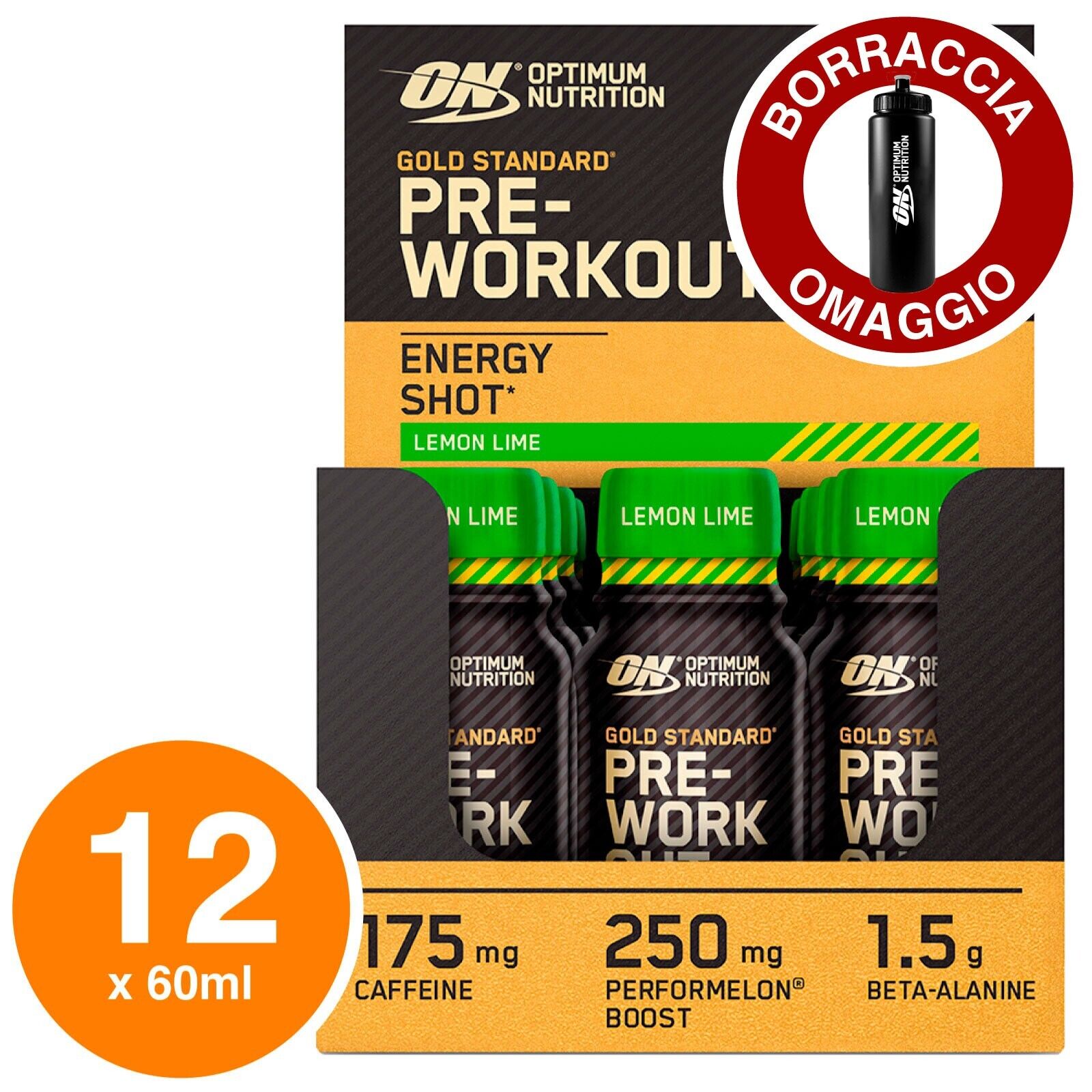 ON Optimum Nutrition Pre-Workout Energy Shot Limone e Lime 12x60ml + Borraccia