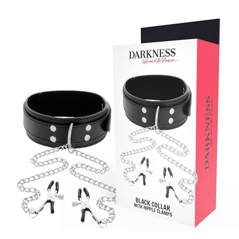 Darkness Black Collar - Collare in Pelle Vegana Nera con Morsetti per Capezzoli