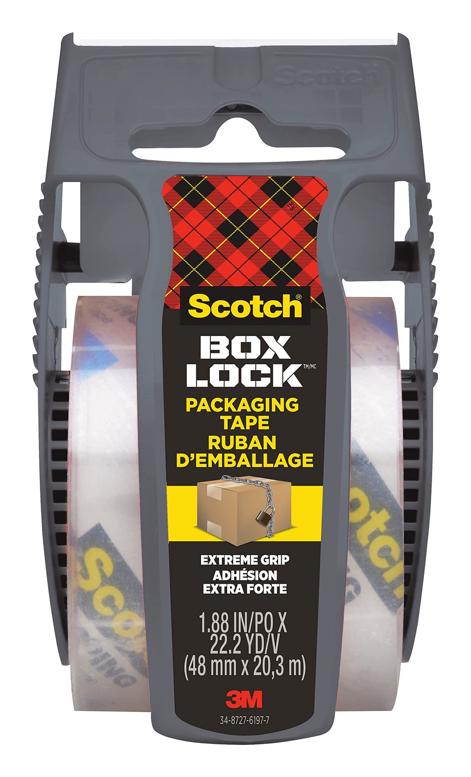 Scotch Box Lock Clear Packaging Tape, 48 mm x 20.3 m, 1 Roll with Dispenser, Shi