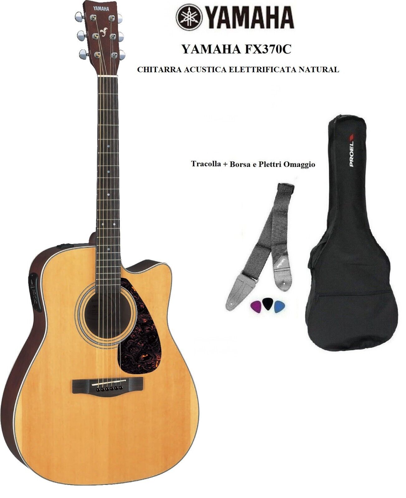 YAMAHA FX370C NATURAL CHITARRA ACUSTICA ELETTRIFICATA KIT CON BORSA e TRACOLLA