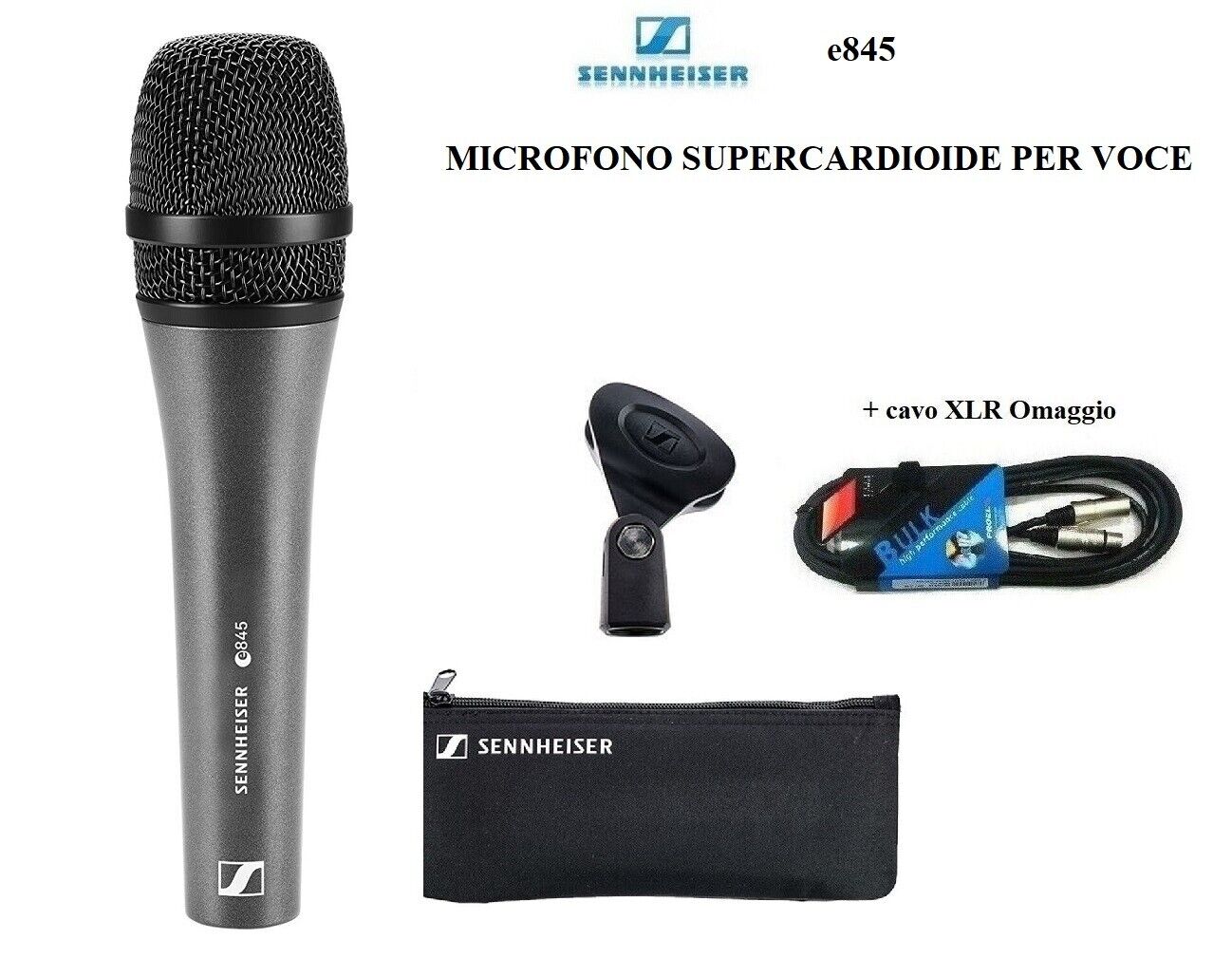 Sennheiser E845 MICROFONO PROFESSIONALE SUPERCARDIOIDE PER VOCE CANTO + cavo