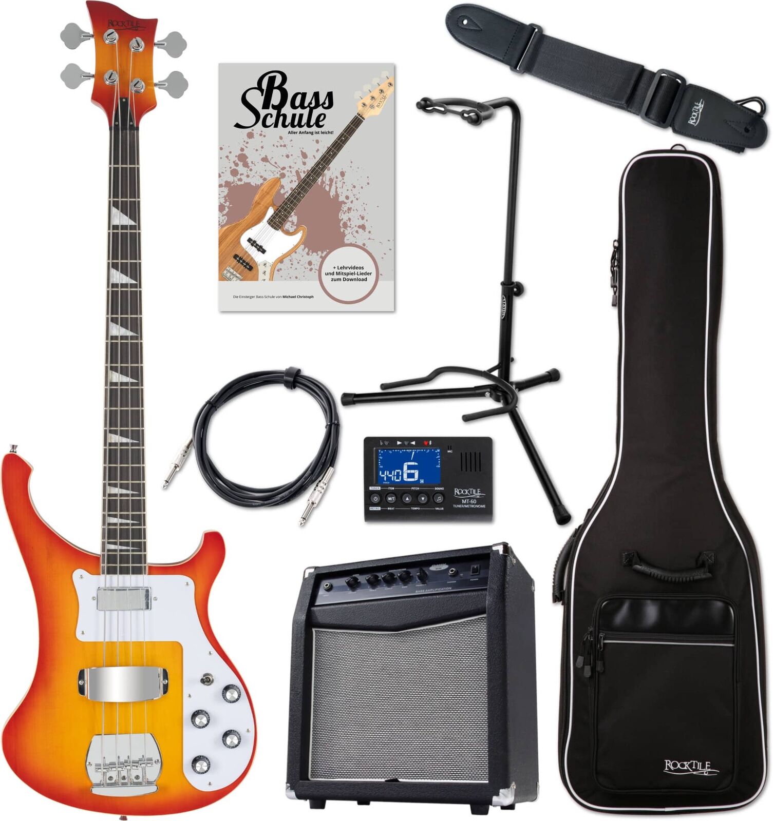 Basso Elettrico Vintage Single Coil Sunburst Kit Amplificatore Borsa Completo