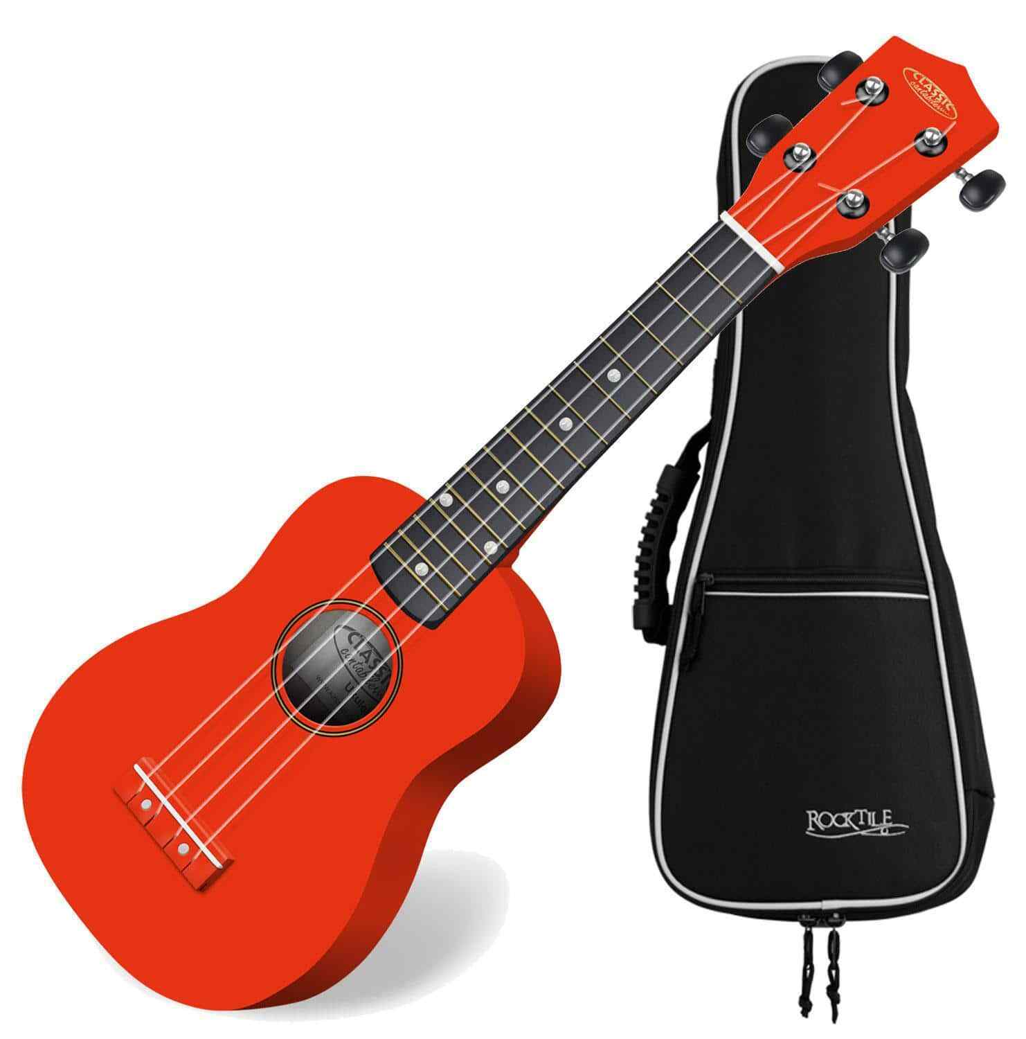 Ukulele Chitarra Uke Soprano Acustica Legno Mogano 4 Cordes Set Custodia Rosso
