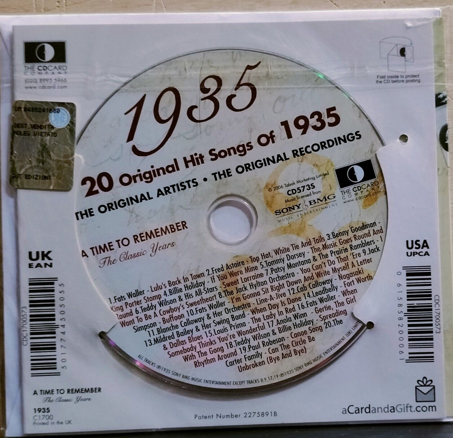 1935 CD SIGILLATO BILLIE HOLIDAY T.DORSEY B.GOODMAN CARTER FAMILY T.WILSON SIMPS