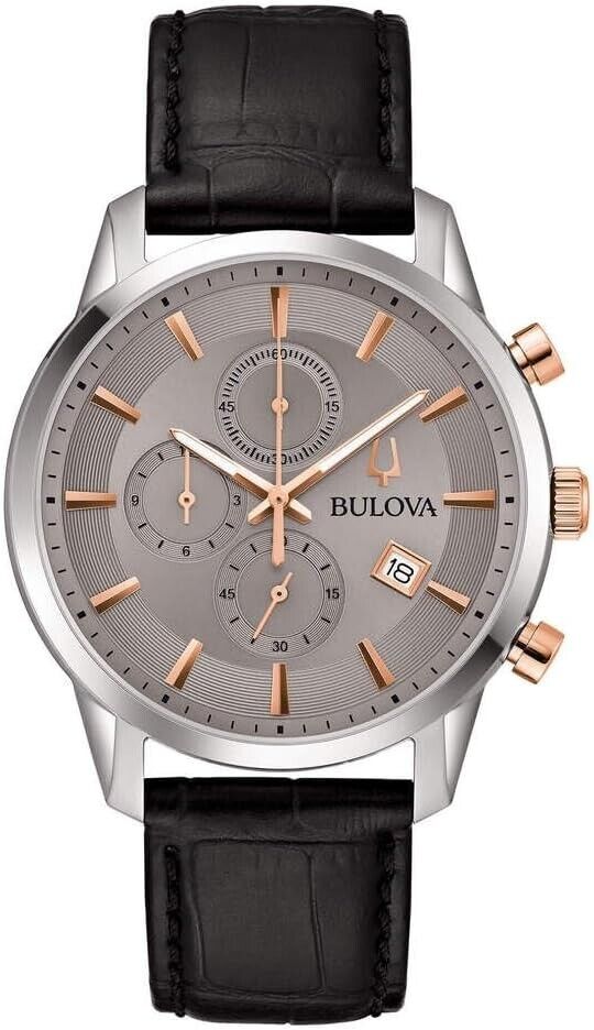 Orologio Bulova Uomo Acciaio Cronografo Pelle Nero Quadrante Grigio _98B409