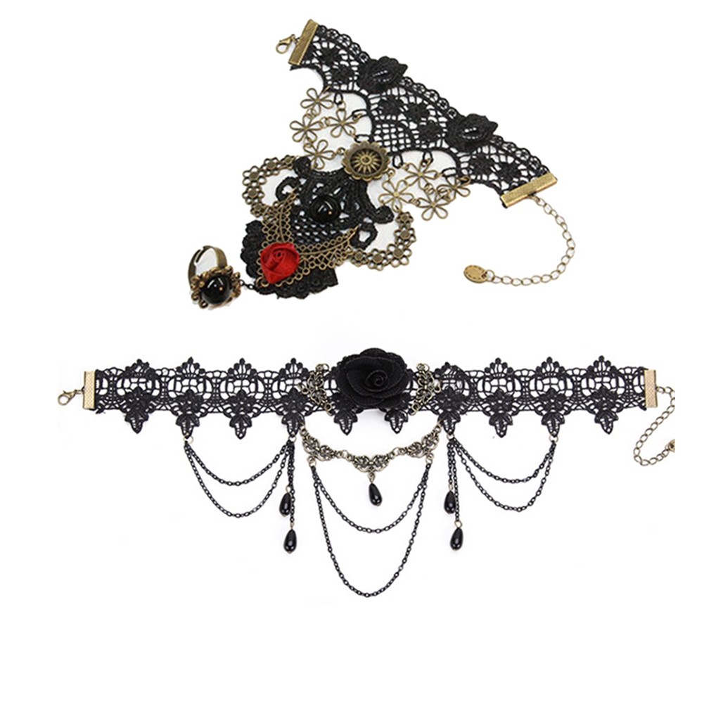 Bracciale nel Pizzo Nero Vintage con , Accessori Lunghi, Collana di P1244