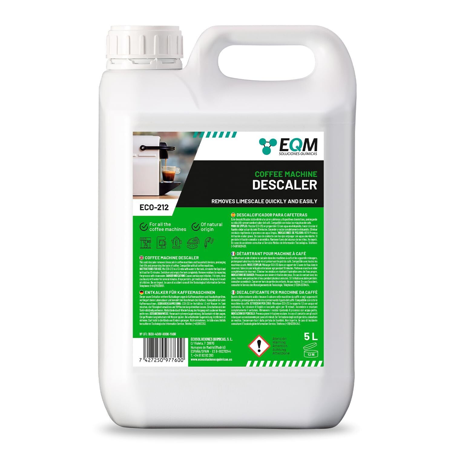 EQM - ECO- 212 - Decalcificante per Macchine da Caffè - 5L - 100% Origine natura