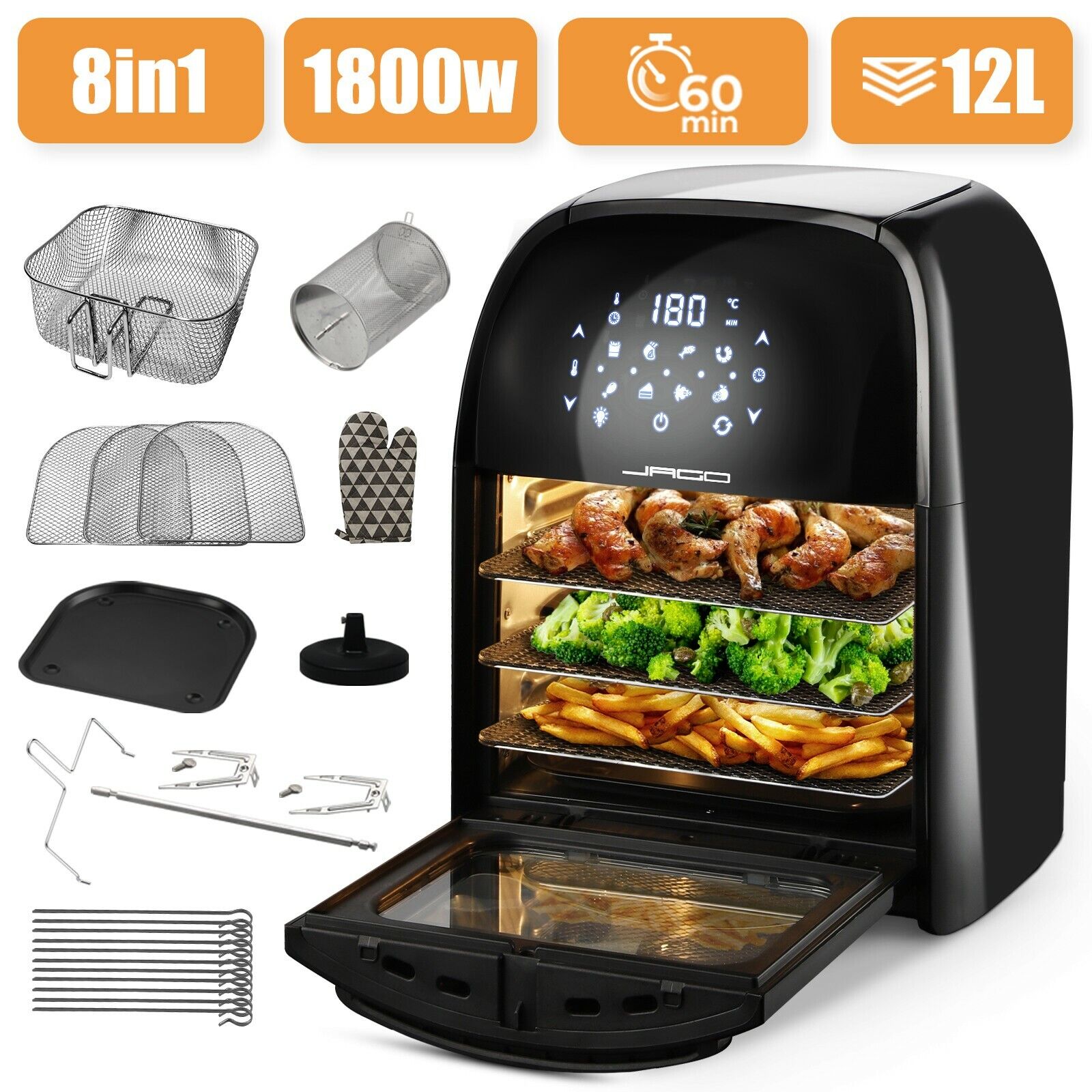 Jago® XXXL Friggitrice ad Aria Calda Forno 12l 1800W senza Olio Airfryer Frigge