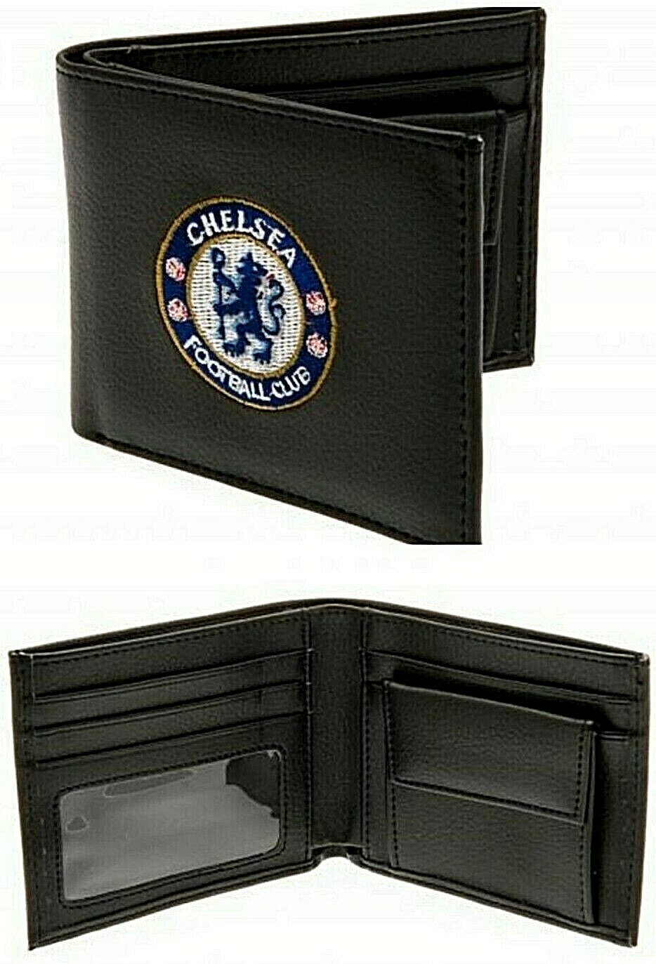 Chelsea FC Uomo Ricamato Crest Calcio Pelle Portafoglio Moneta Denaro Scheda
