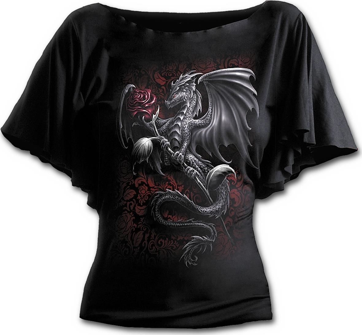 Abbigliamento Spiral: Dragon Rose - Boat Neck Bat Sleeve Top Black (Top Donna Tg
