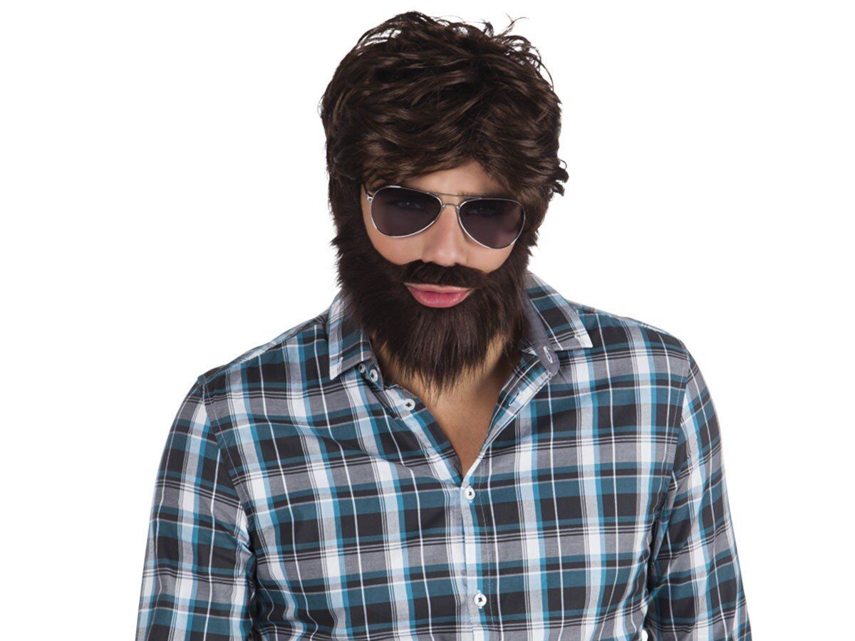 Mens Brown Hangover Wig Beard Moustache Kit Film Stag Do Party Fancy Dress Costu