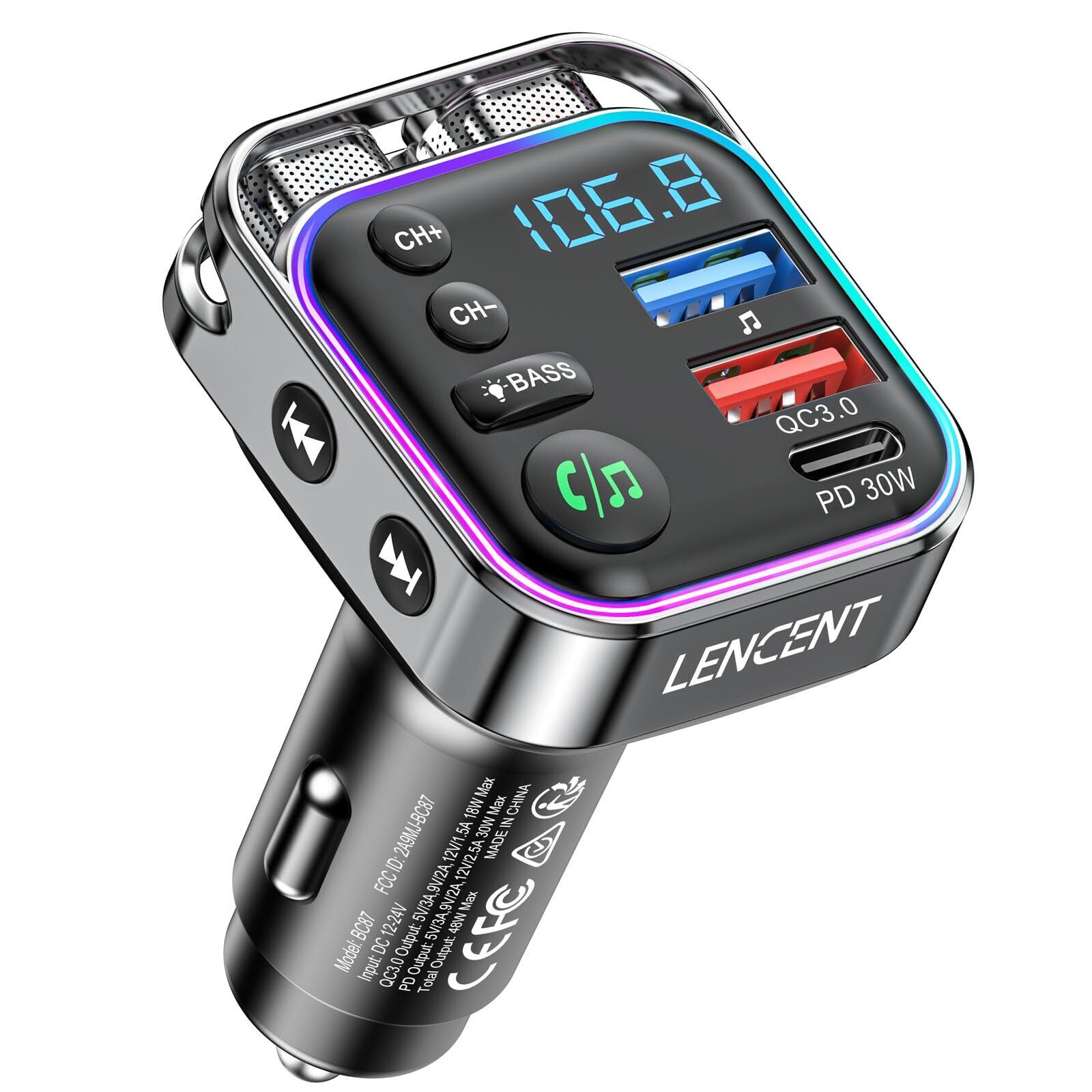 LENCENT Trasmettitore FM Bluetooth, Auto Radio FM Bluetooth 5.3 per Accendisigar